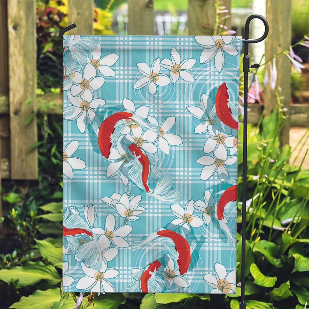Turquoise Palaka Hawaii Aloha Garden Flag Koi Pond Mix Plumeria LT7 Garden Flag Turquoise - Polynesian Pride