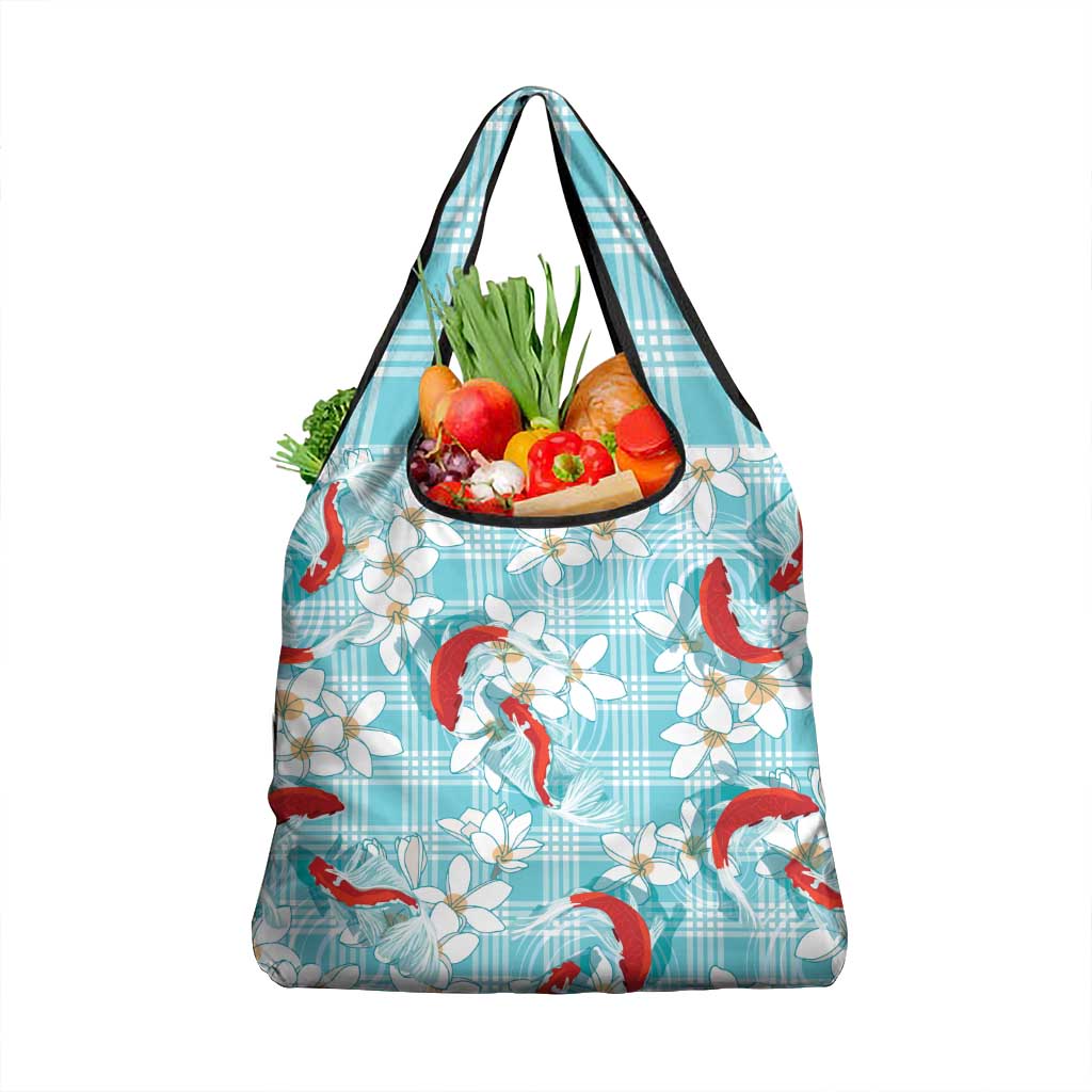 Turquoise Palaka Hawaii Aloha Grocery Bag Koi Pond Mix Plumeria LT7 1-pack One Size Turquoise - Polynesian Pride