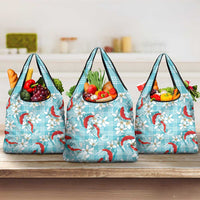 Turquoise Palaka Hawaii Aloha Grocery Bag Koi Pond Mix Plumeria LT7 3-pack One Size Turquoise - Polynesian Pride