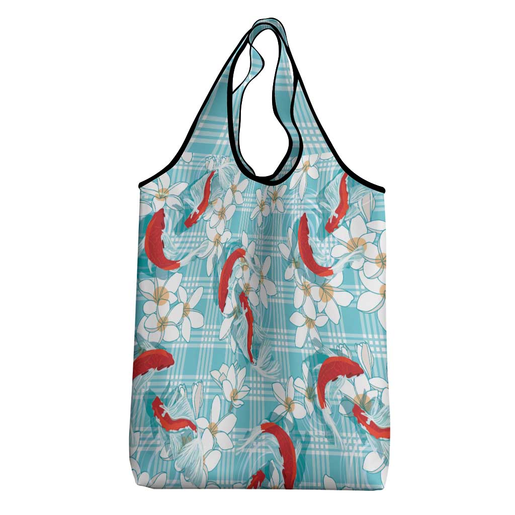 Turquoise Palaka Hawaii Aloha Grocery Bag Koi Pond Mix Plumeria LT7 - Polynesian Pride