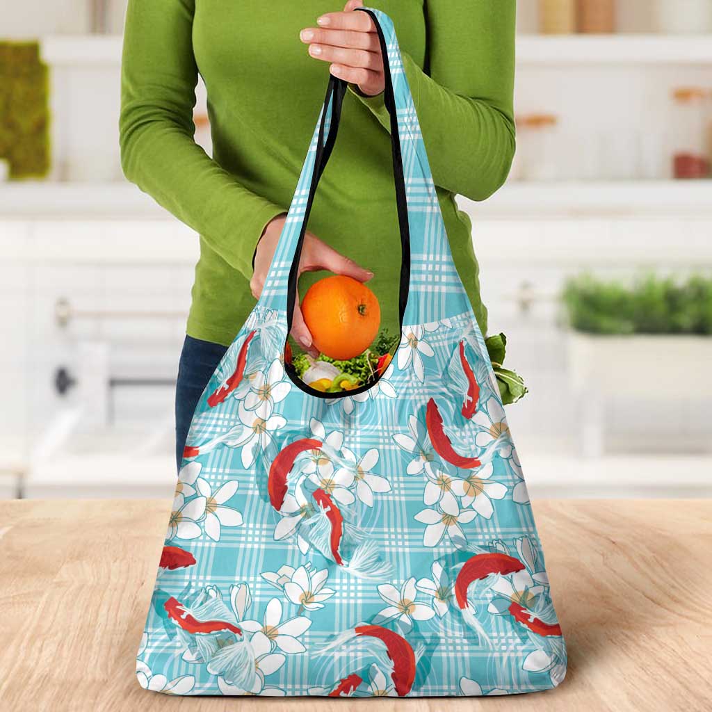 Turquoise Palaka Hawaii Aloha Grocery Bag Koi Pond Mix Plumeria LT7 - Polynesian Pride