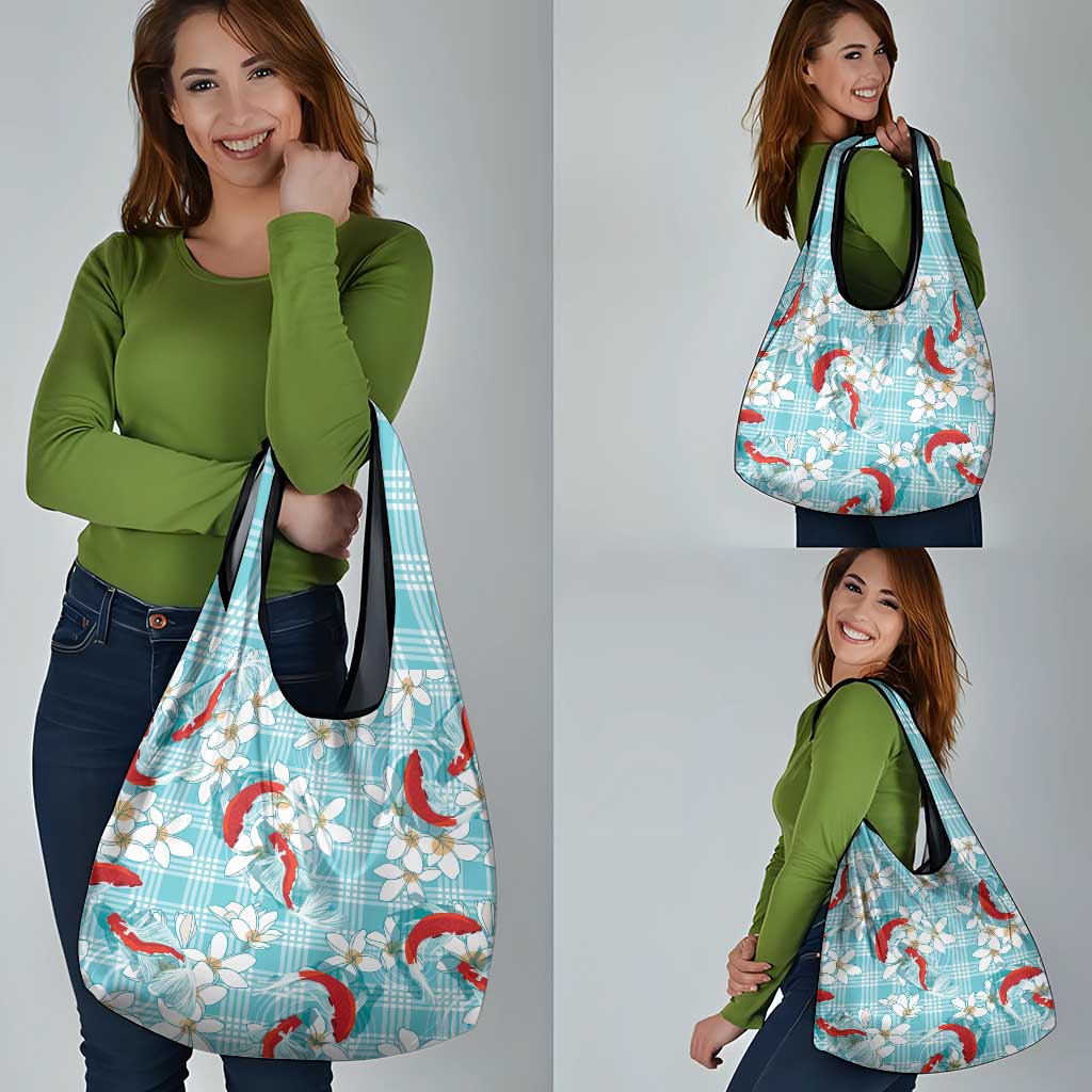 Turquoise Palaka Hawaii Aloha Grocery Bag Koi Pond Mix Plumeria LT7 - Polynesian Pride