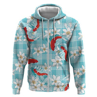 Turquoise Palaka Hawaii Aloha Hoodie Koi Pond Mix Plumeria LT7 Zip Hoodie Turquoise - Polynesian Pride