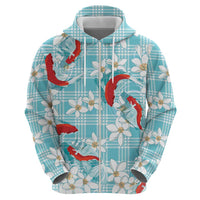 Turquoise Palaka Hawaii Aloha Hoodie Koi Pond Mix Plumeria LT7 - Polynesian Pride
