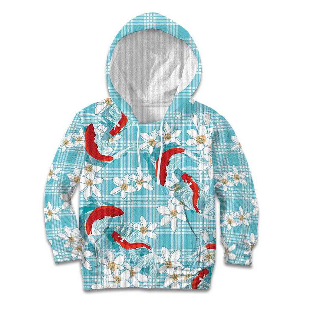 Turquoise Palaka Hawaii Aloha Kid Hoodie Koi Pond Mix Plumeria LT7 Hoodie Turquoise - Polynesian Pride