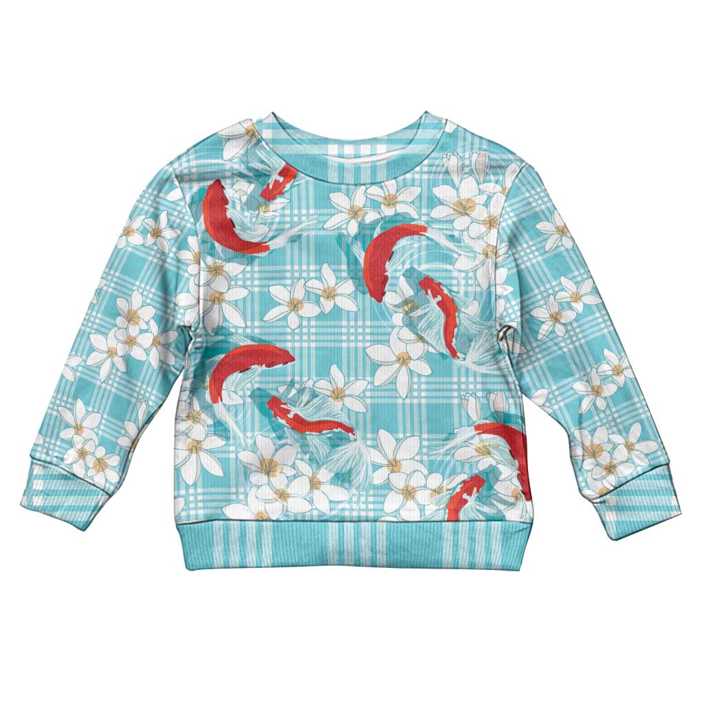 Turquoise Palaka Hawaii Aloha Kid Ugly Christmas Sweater Koi Pond Mix Plumeria LT7 Kid Turquoise - Polynesian Pride