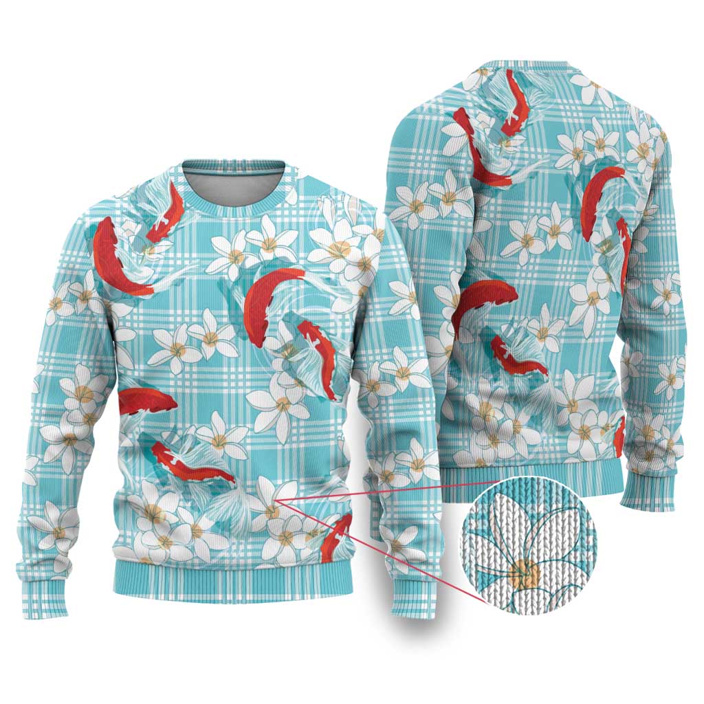 Turquoise Palaka Hawaii Aloha Ugly Christmas Sweater Koi Pond Mix Plumeria LT7 Turquoise - Polynesian Pride