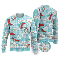 Turquoise Palaka Hawaii Aloha Ugly Christmas Sweater Koi Pond Mix Plumeria LT7 Turquoise - Polynesian Pride