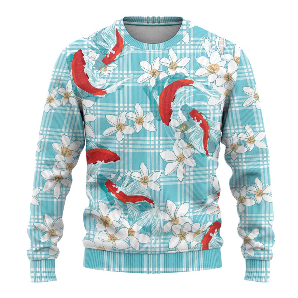 Turquoise Palaka Hawaii Aloha Ugly Christmas Sweater Koi Pond Mix Plumeria LT7 - Polynesian Pride