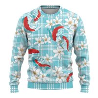 Turquoise Palaka Hawaii Aloha Ugly Christmas Sweater Koi Pond Mix Plumeria LT7 - Polynesian Pride