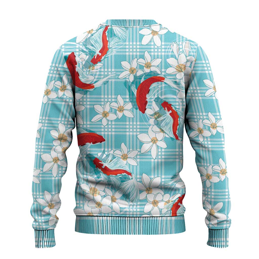 Turquoise Palaka Hawaii Aloha Ugly Christmas Sweater Koi Pond Mix Plumeria LT7 - Polynesian Pride