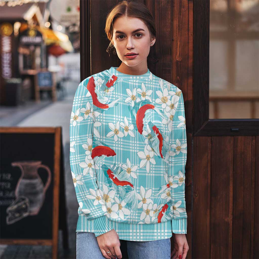 Turquoise Palaka Hawaii Aloha Ugly Christmas Sweater Koi Pond Mix Plumeria LT7 - Polynesian Pride