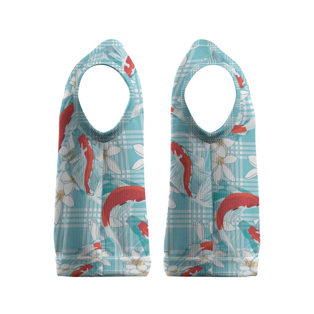 Turquoise Palaka Hawaii Aloha Christmas Knitted V-Neck Vest Koi Pond Mix Plumeria LT7 - Polynesian Pride