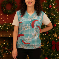 Turquoise Palaka Hawaii Aloha Christmas Knitted V-Neck Vest Koi Pond Mix Plumeria LT7 - Polynesian Pride