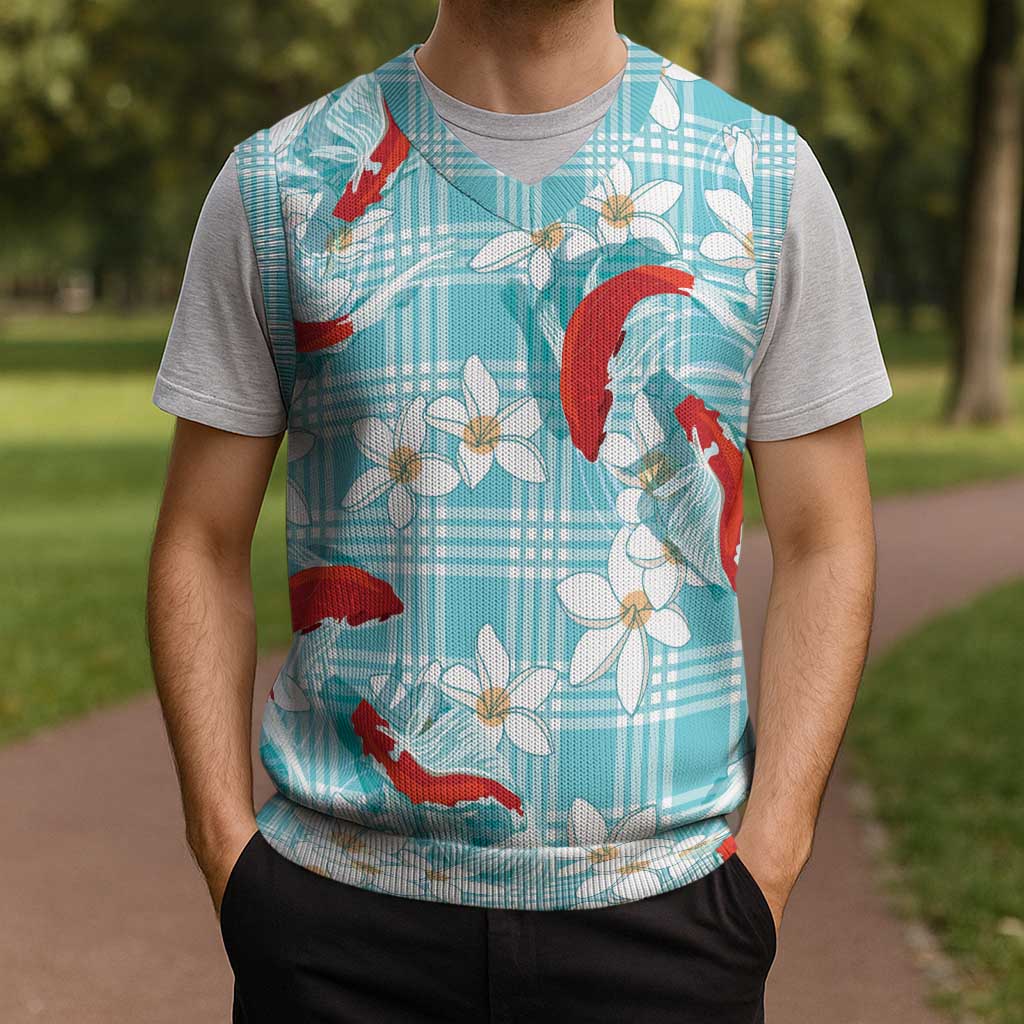 Turquoise Palaka Hawaii Aloha Christmas Knitted V-Neck Vest Koi Pond Mix Plumeria LT7 - Polynesian Pride