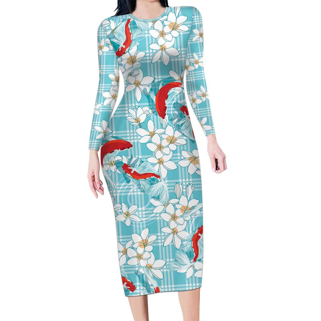 Turquoise Palaka Hawaii Aloha Long Sleeve Bodycon Dress Koi Pond Mix Plumeria LT7 Long Dress Turquoise - Polynesian Pride
