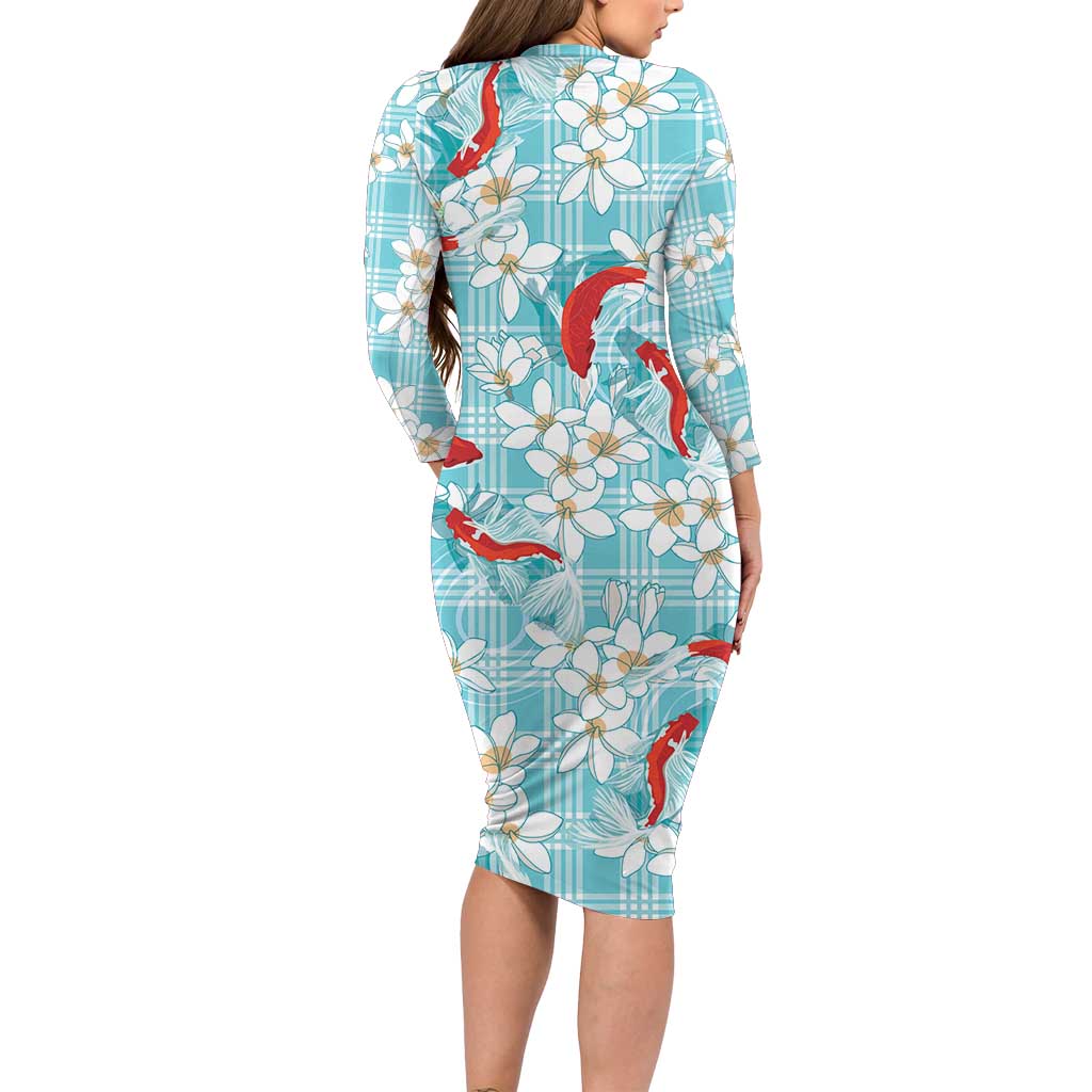 Turquoise Palaka Hawaii Aloha Long Sleeve Bodycon Dress Koi Pond Mix Plumeria LT7 - Polynesian Pride