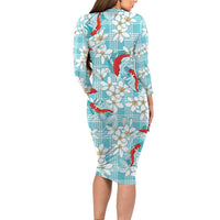 Turquoise Palaka Hawaii Aloha Long Sleeve Bodycon Dress Koi Pond Mix Plumeria LT7 - Polynesian Pride