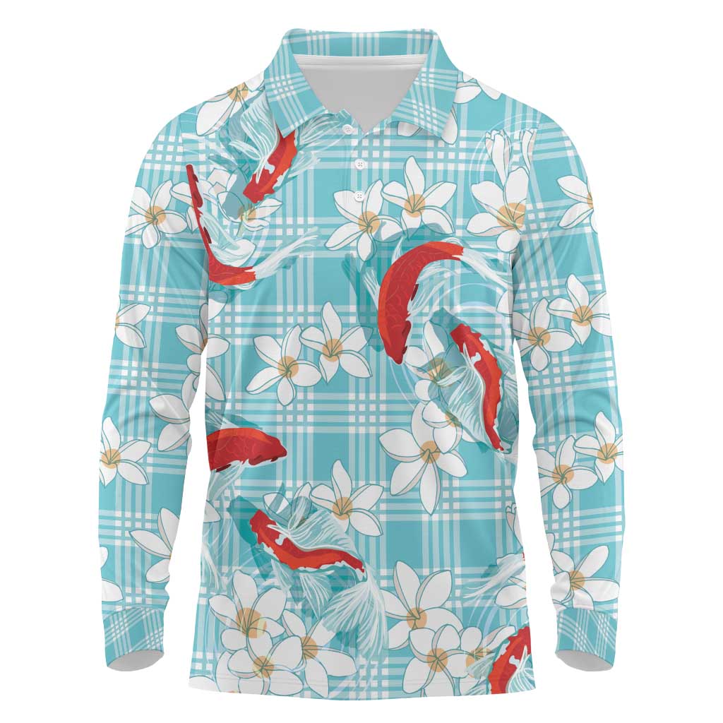 Turquoise Palaka Hawaii Aloha Long Sleeve Polo Shirt Koi Pond Mix Plumeria LT7 Turquoise - Polynesian Pride