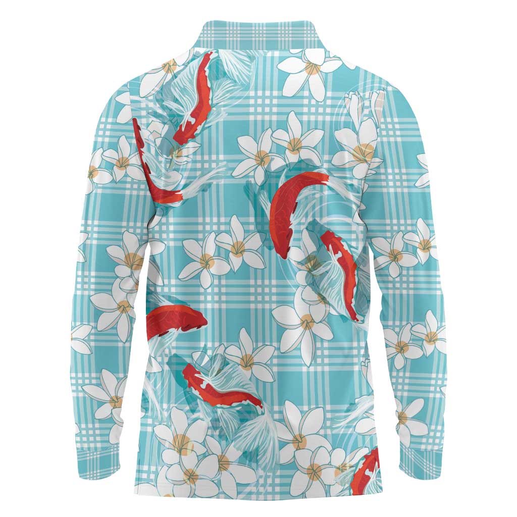 Turquoise Palaka Hawaii Aloha Long Sleeve Polo Shirt Koi Pond Mix Plumeria LT7 - Polynesian Pride