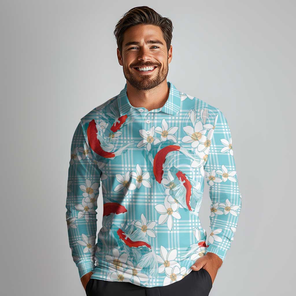 Turquoise Palaka Hawaii Aloha Long Sleeve Polo Shirt Koi Pond Mix Plumeria LT7 - Polynesian Pride