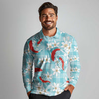Turquoise Palaka Hawaii Aloha Long Sleeve Polo Shirt Koi Pond Mix Plumeria LT7 - Polynesian Pride