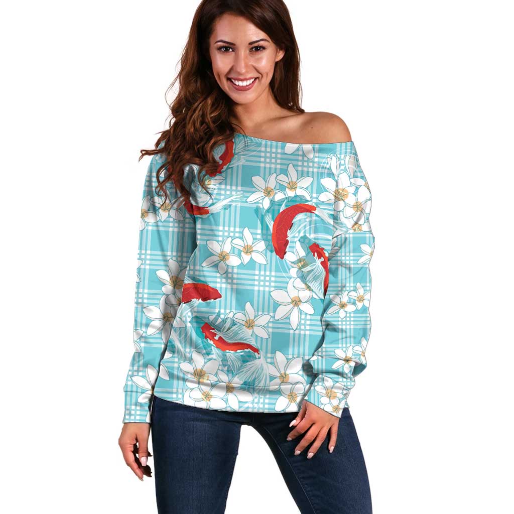 Turquoise Palaka Hawaii Aloha Off Shoulder Sweater Koi Pond Mix Plumeria LT7 Women Turquoise - Polynesian Pride