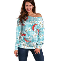 Turquoise Palaka Hawaii Aloha Off Shoulder Sweater Koi Pond Mix Plumeria LT7 Women Turquoise - Polynesian Pride