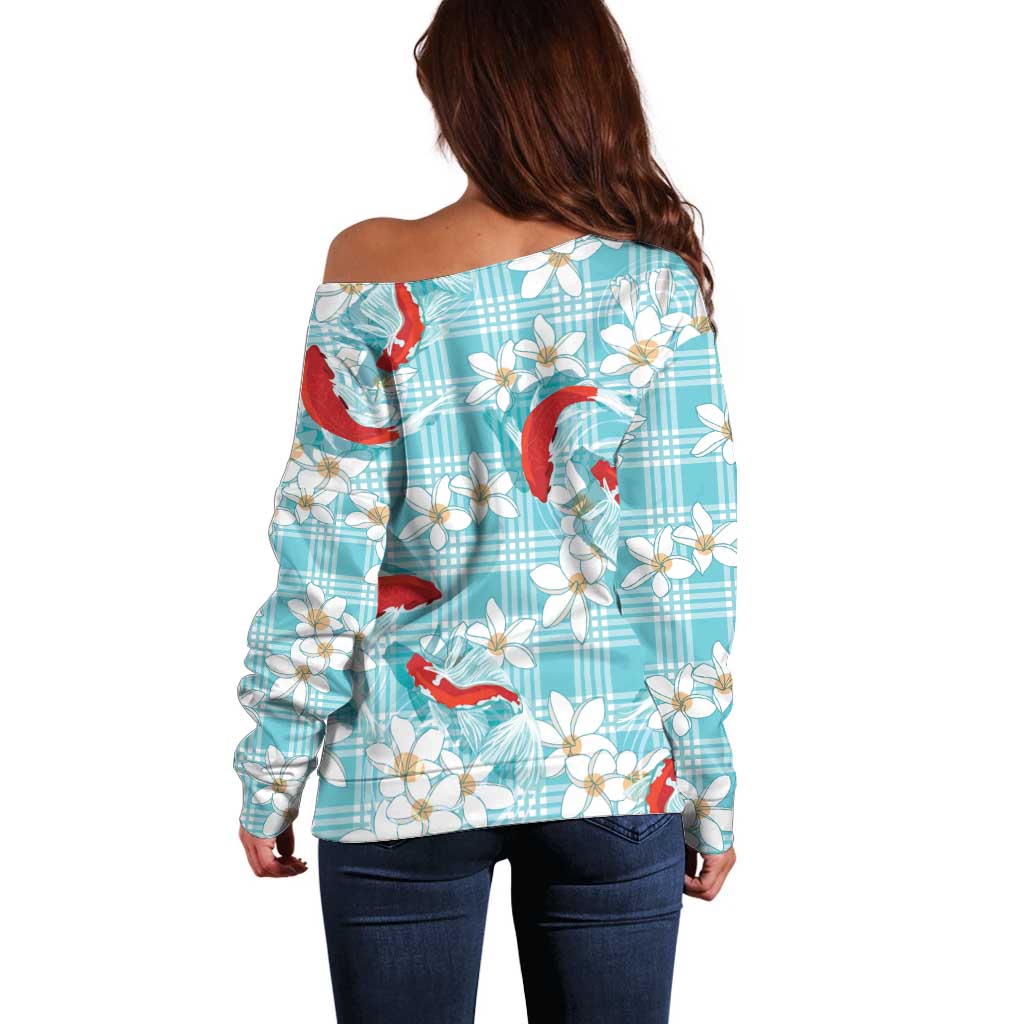 Turquoise Palaka Hawaii Aloha Off Shoulder Sweater Koi Pond Mix Plumeria LT7 - Polynesian Pride