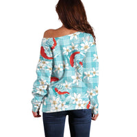 Turquoise Palaka Hawaii Aloha Off Shoulder Sweater Koi Pond Mix Plumeria LT7 - Polynesian Pride