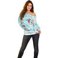 Turquoise Palaka Hawaii Aloha Off Shoulder Sweater Koi Pond Mix Plumeria LT7 - Polynesian Pride