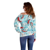 Turquoise Palaka Hawaii Aloha Off Shoulder Sweater Koi Pond Mix Plumeria LT7 - Polynesian Pride