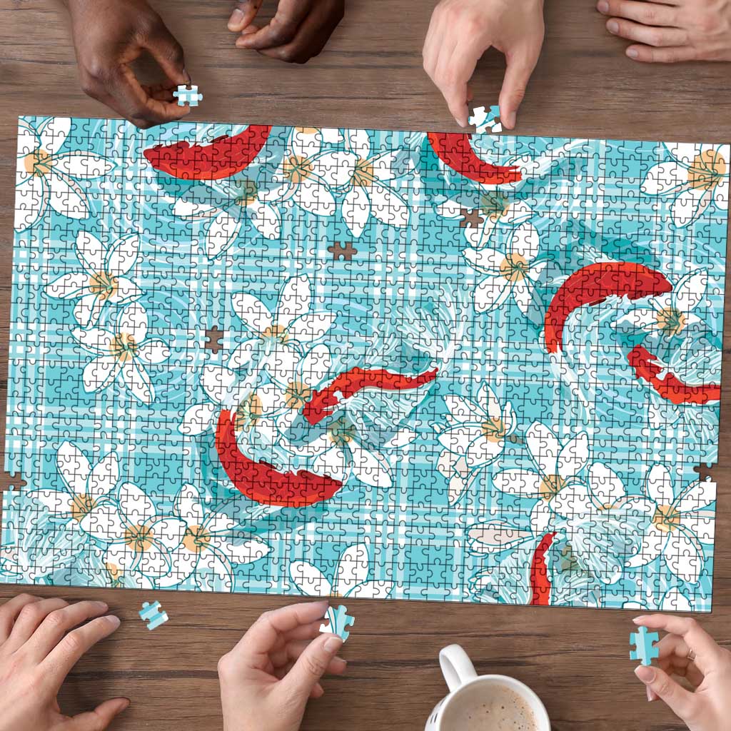 Turquoise Palaka Hawaii Aloha Puzzle Koi Pond Mix Plumeria LT7 - Polynesian Pride