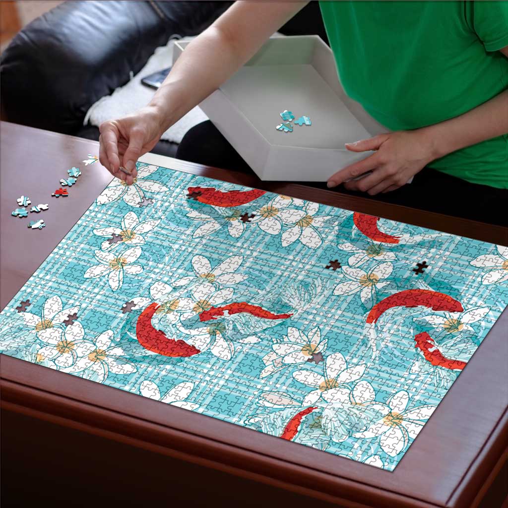 Turquoise Palaka Hawaii Aloha Puzzle Koi Pond Mix Plumeria LT7 - Polynesian Pride