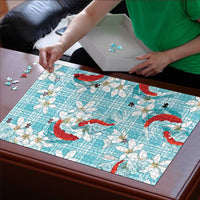 Turquoise Palaka Hawaii Aloha Puzzle Koi Pond Mix Plumeria LT7 - Polynesian Pride
