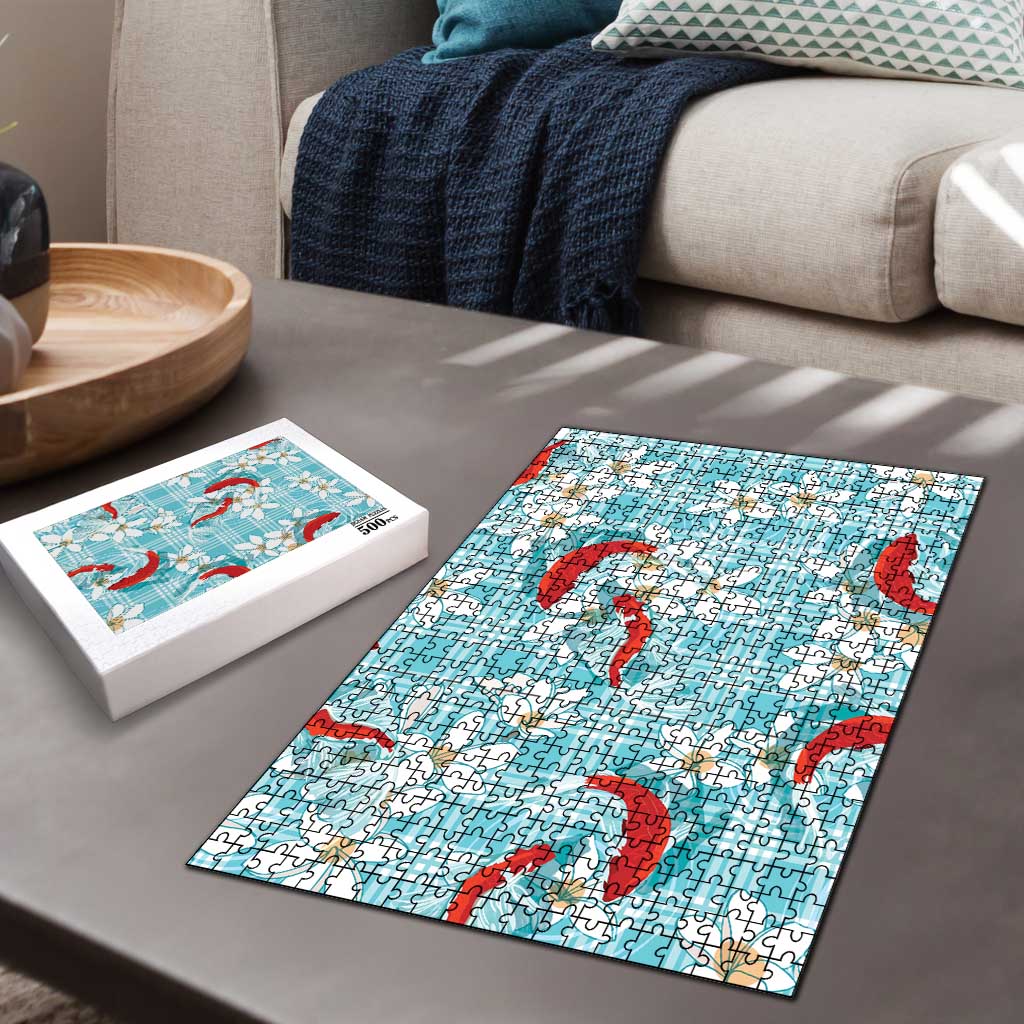Turquoise Palaka Hawaii Aloha Puzzle Koi Pond Mix Plumeria LT7 - Polynesian Pride