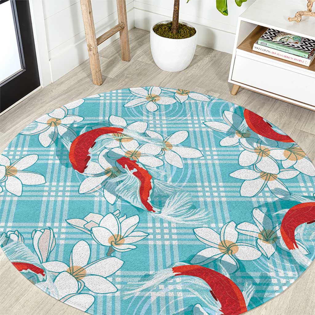 Turquoise Palaka Hawaii Aloha Round Carpet Koi Pond Mix Plumeria LT7 Turquoise - Polynesian Pride