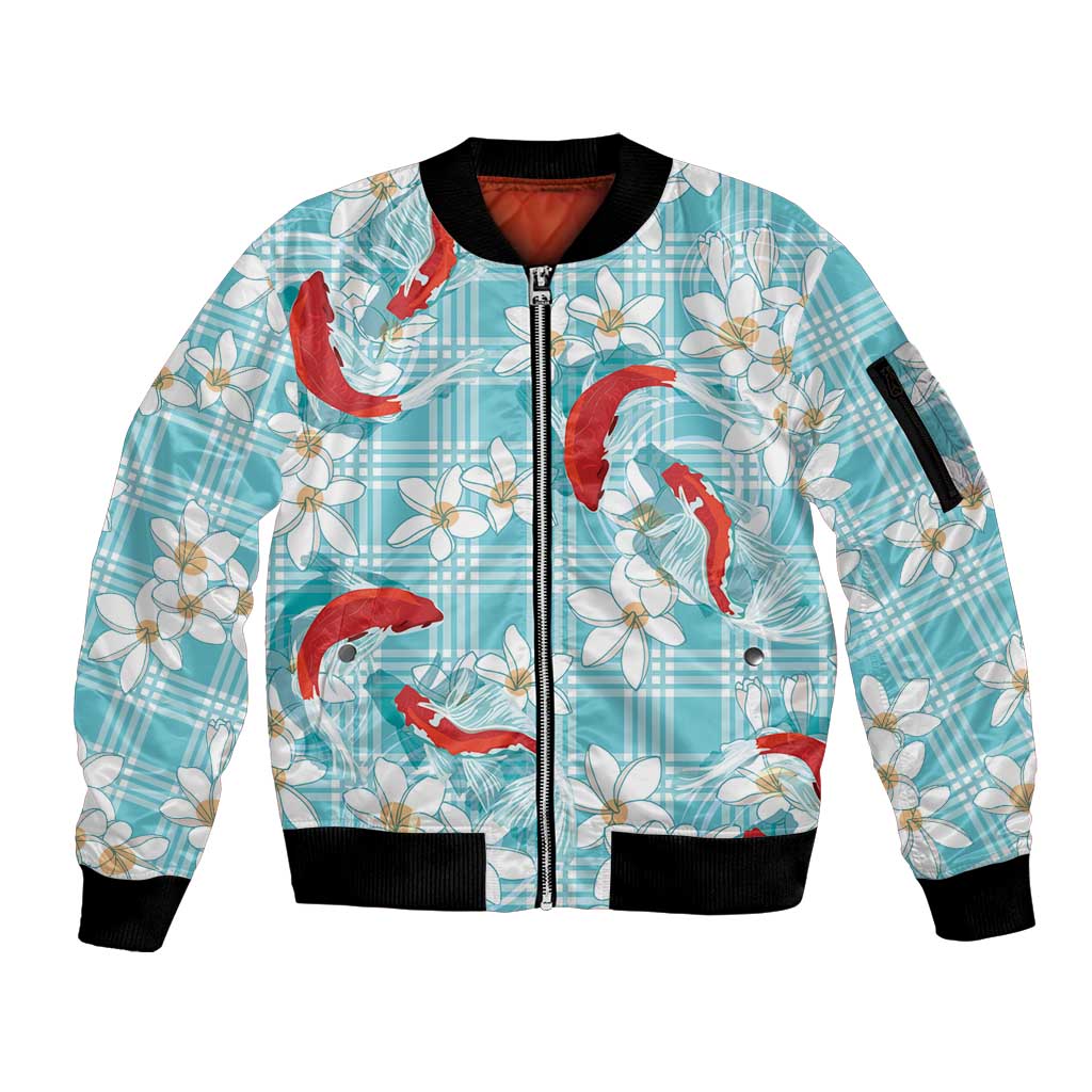 Turquoise Palaka Hawaii Aloha Sleeve Zip Bomber Jacket Koi Pond Mix Plumeria LT7 Unisex Turquoise - Polynesian Pride