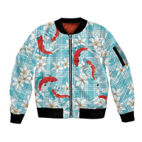 Turquoise Palaka Hawaii Aloha Sleeve Zip Bomber Jacket Koi Pond Mix Plumeria LT7 Unisex Turquoise - Polynesian Pride