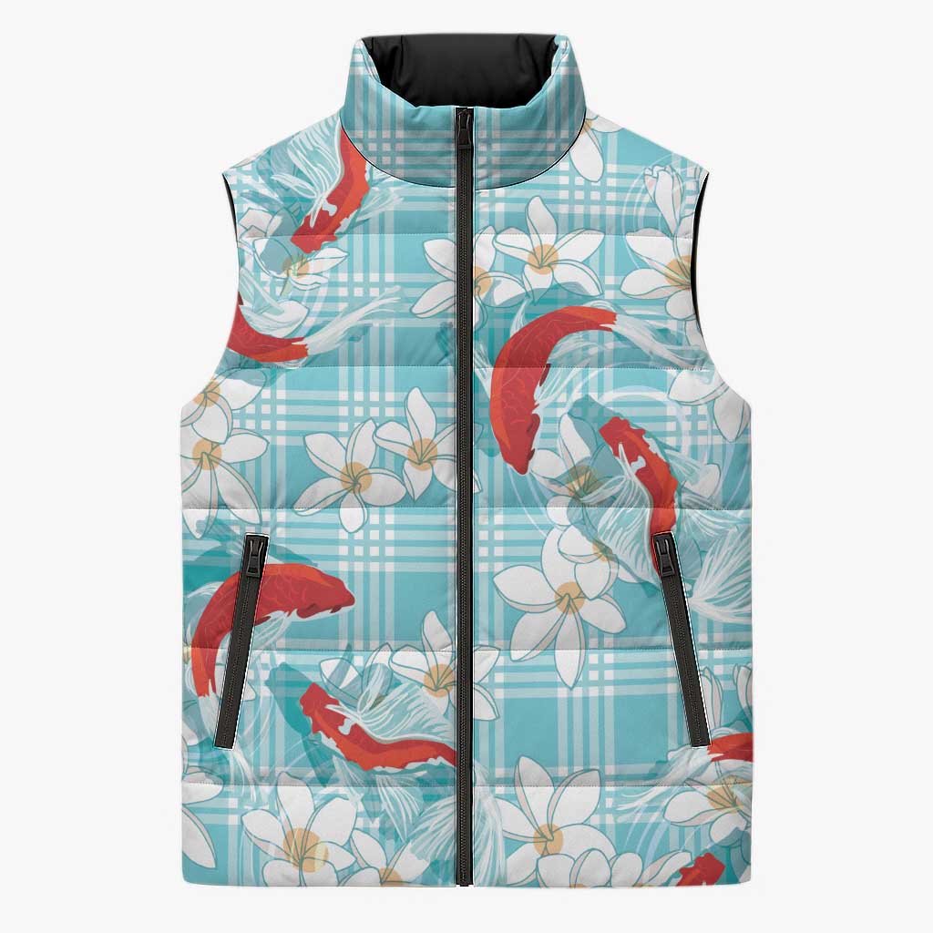 Turquoise Palaka Hawaii Aloha Sleeveless Puffer Jacket Koi Pond Mix Plumeria LT7 Unisex Turquoise - Polynesian Pride