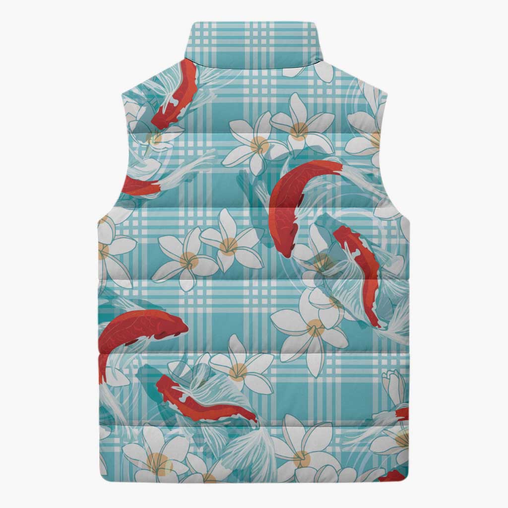 Turquoise Palaka Hawaii Aloha Sleeveless Puffer Jacket Koi Pond Mix Plumeria LT7 - Polynesian Pride
