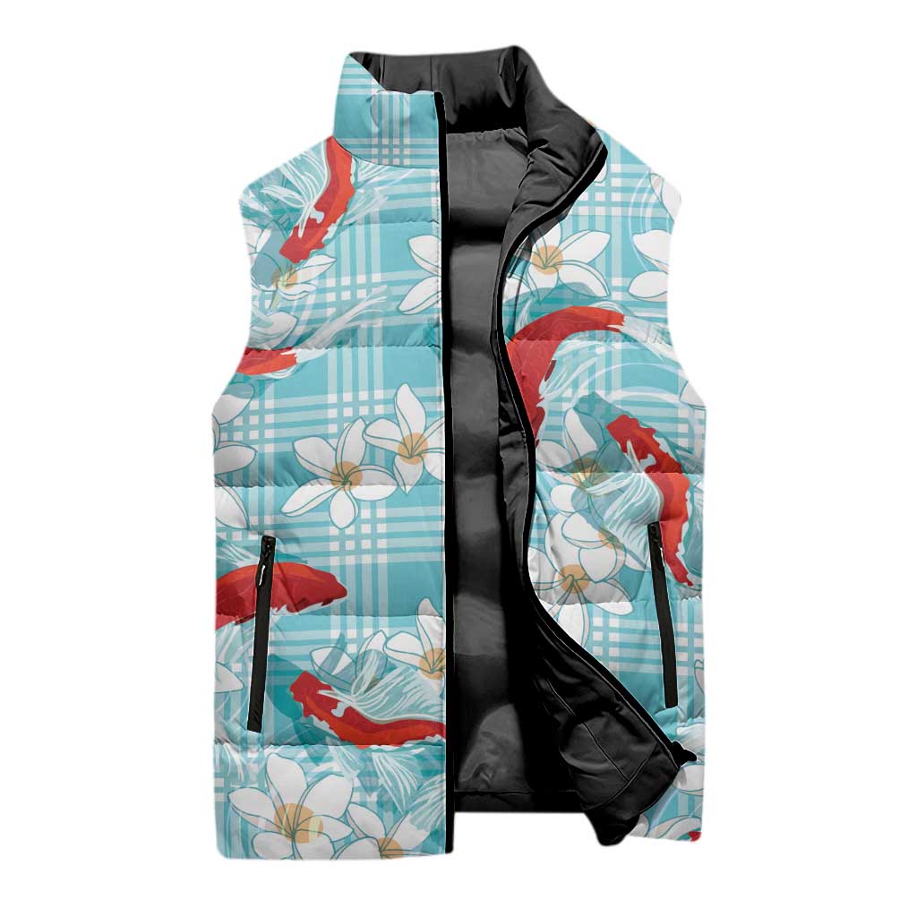 Turquoise Palaka Hawaii Aloha Sleeveless Puffer Jacket Koi Pond Mix Plumeria LT7 - Polynesian Pride