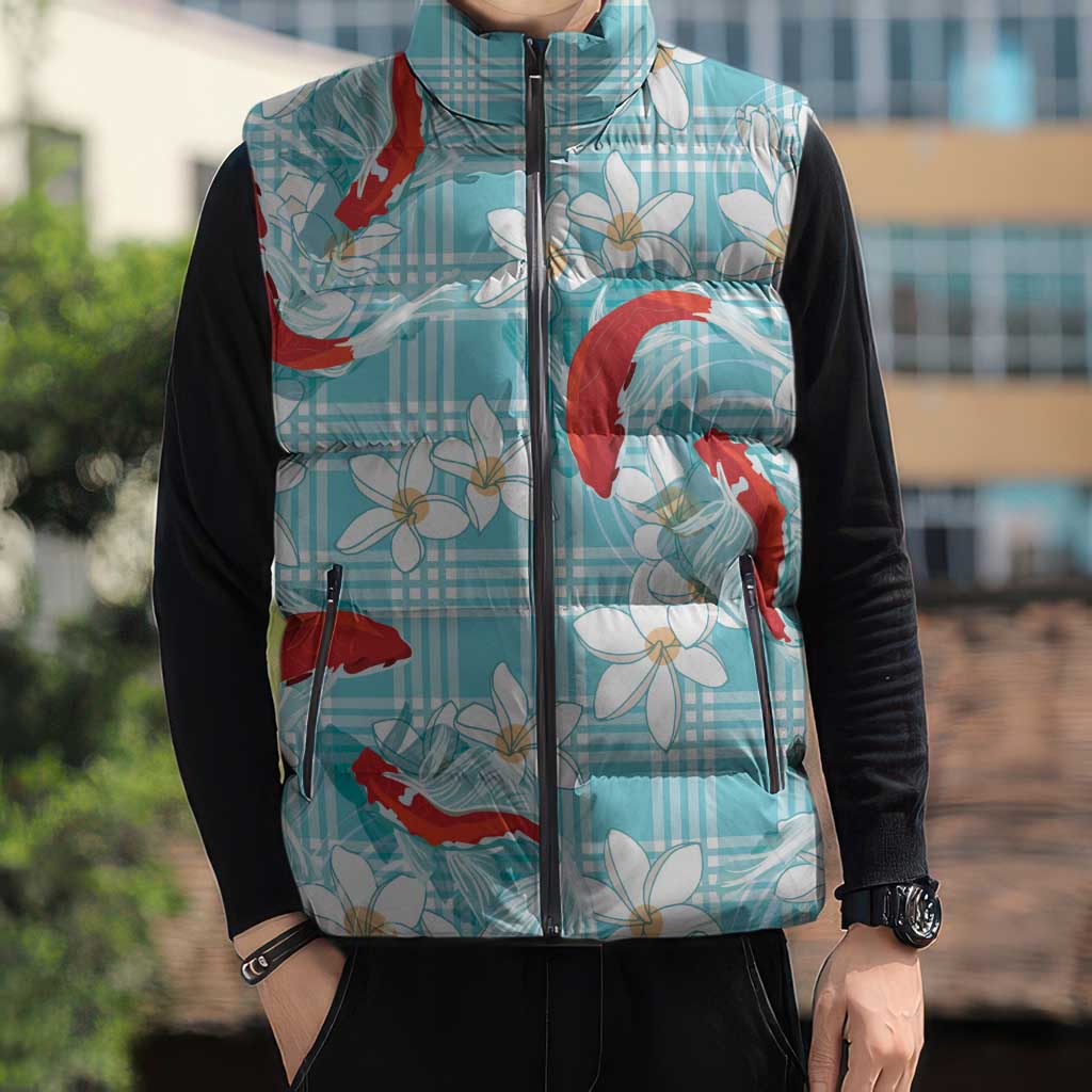 Turquoise Palaka Hawaii Aloha Sleeveless Puffer Jacket Koi Pond Mix Plumeria LT7 - Polynesian Pride