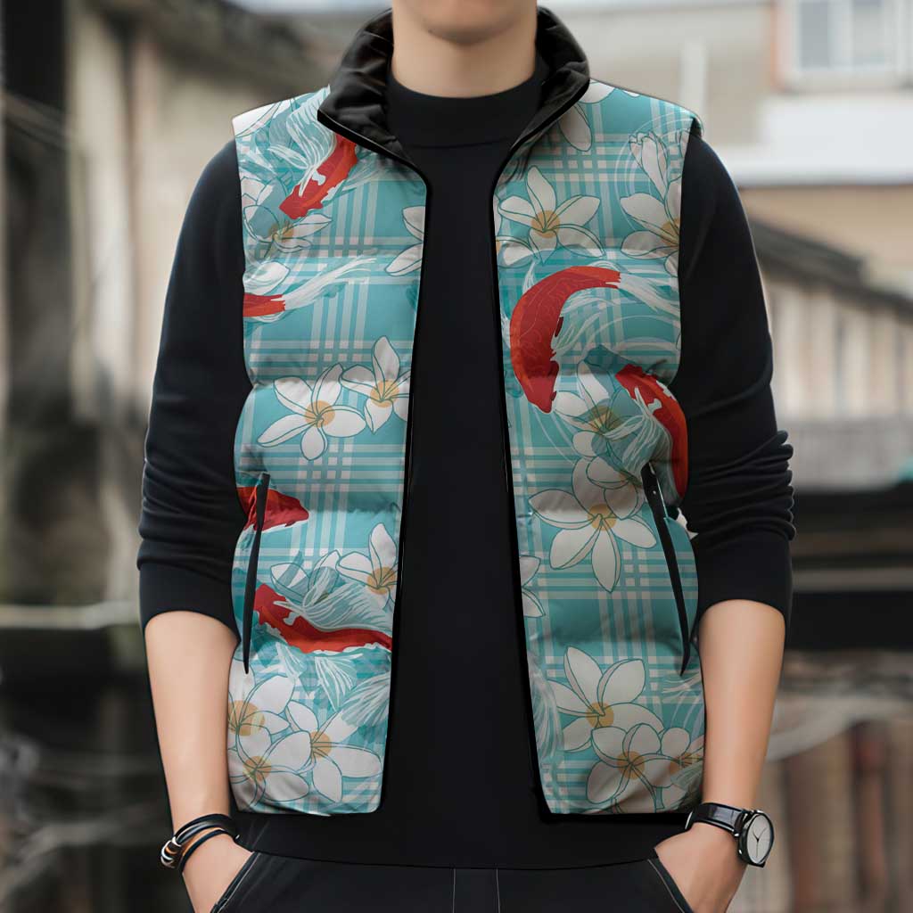 Turquoise Palaka Hawaii Aloha Sleeveless Puffer Jacket Koi Pond Mix Plumeria LT7 - Polynesian Pride