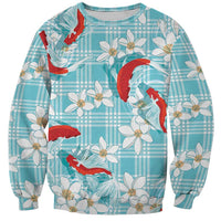Turquoise Palaka Hawaii Aloha Sweatshirt Koi Pond Mix Plumeria LT7 Unisex Turquoise - Polynesian Pride