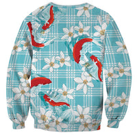 Turquoise Palaka Hawaii Aloha Sweatshirt Koi Pond Mix Plumeria LT7 - Polynesian Pride