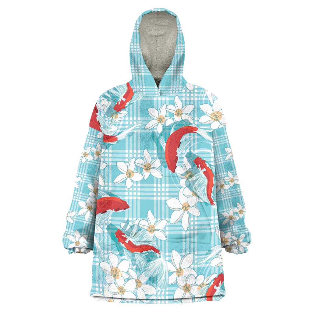 Turquoise Palaka Hawaii Aloha Wearable Blanket Hoodie Koi Pond Mix Plumeria LT7 One Size Turquoise - Polynesian Pride