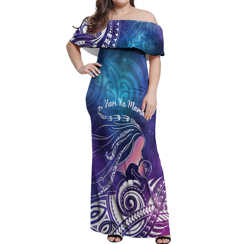 New Zealand Mother's Day Off Shoulder Maxi Dress Maori Hari Ra Mama LT7 Women Galaxy - Polynesian Pride