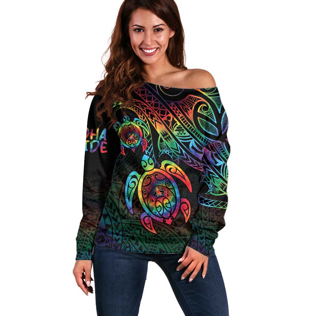 Hawaii Pride Off Shoulder Sweater Rainbow Swirls LT7 Women Colorful - Polynesian Pride