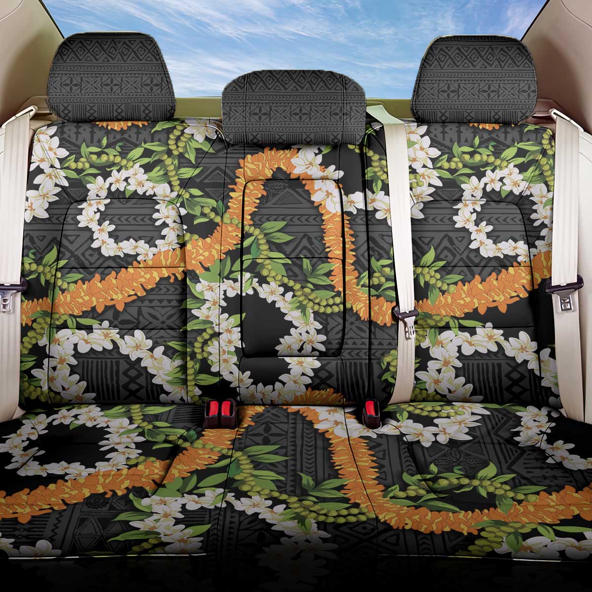 Aloha Festive Hawaii Back Car Seat Cover Mokihana - Maile and Ilima on Black LT7 One Size Black - Polynesian Pride